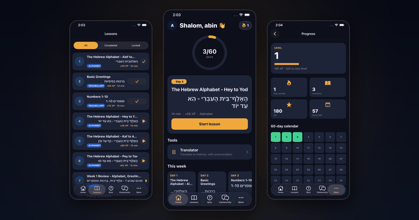 Screenshot from the Aleph Talk — a 60-Day Hebrew Course on iOS and Android case study