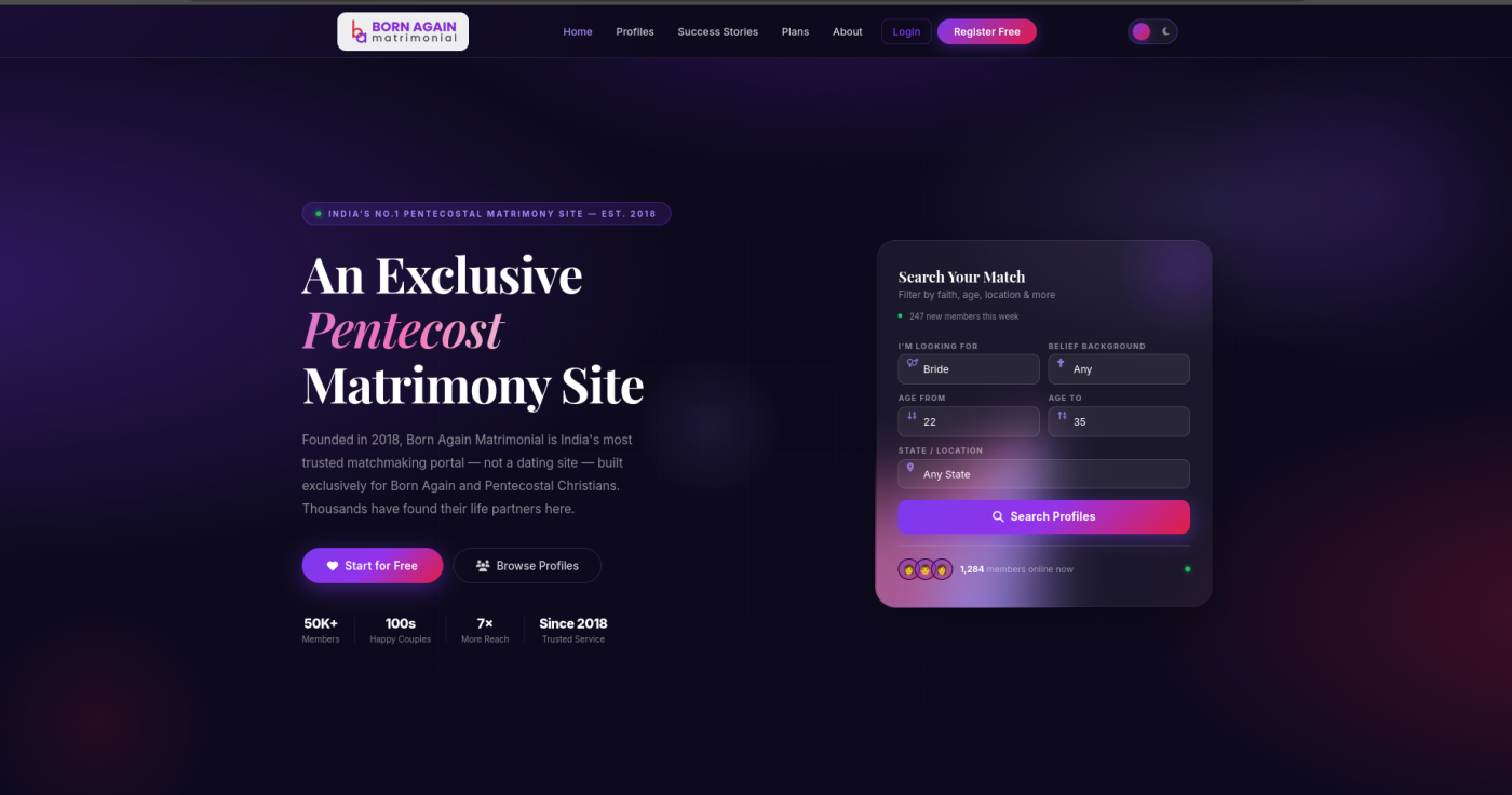 Screenshot from the Matrimony Platform and Admin CRM for a Faith Community case study
